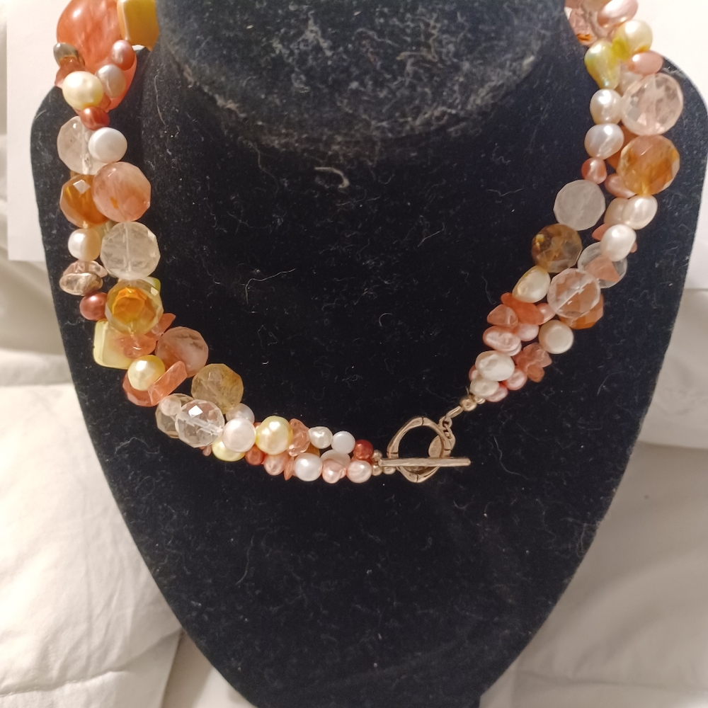 Solid SS 3 strand semi-precious stone 15" necklace from Israel.